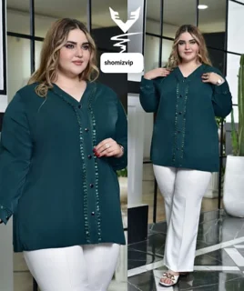 شومیز یقه هفت جلو دکمه دار دانتل دار